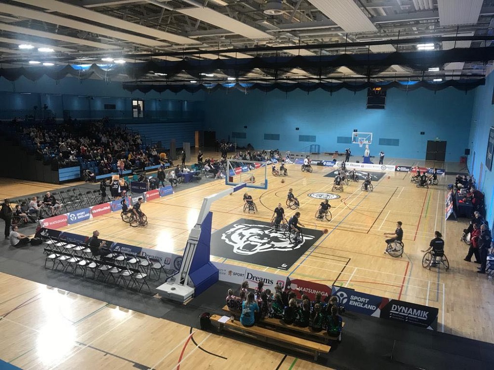Aerial shot of the Munrow Arena hosting a wheelchair basketball event