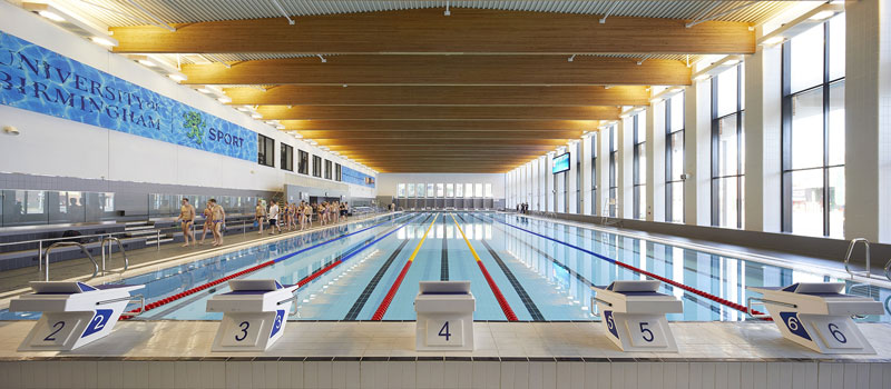 View from the starting blocks at the end of the 50-metre pool at the University of Birmingham Sport & Fitness club
